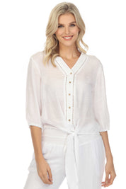 Women's Casual Resort Wear V-Neck Button Down Cutout Trim ¾ Sleeve Tunic Top with Bow Tie Hem