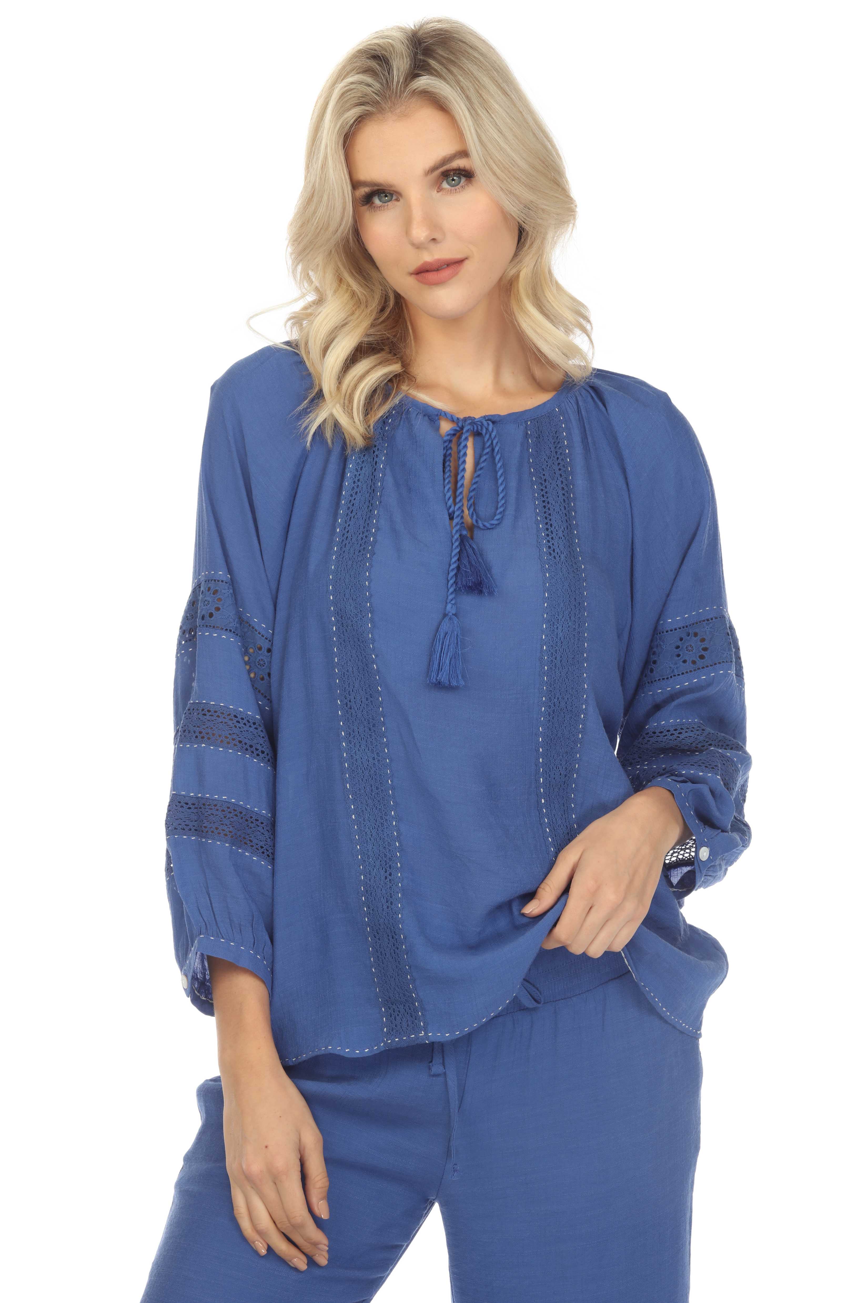 Women's Casual Resort Wear Scoop Neck Crochet Trim 3/4 Sleeve Tunic Top with Tassel Drawstrings