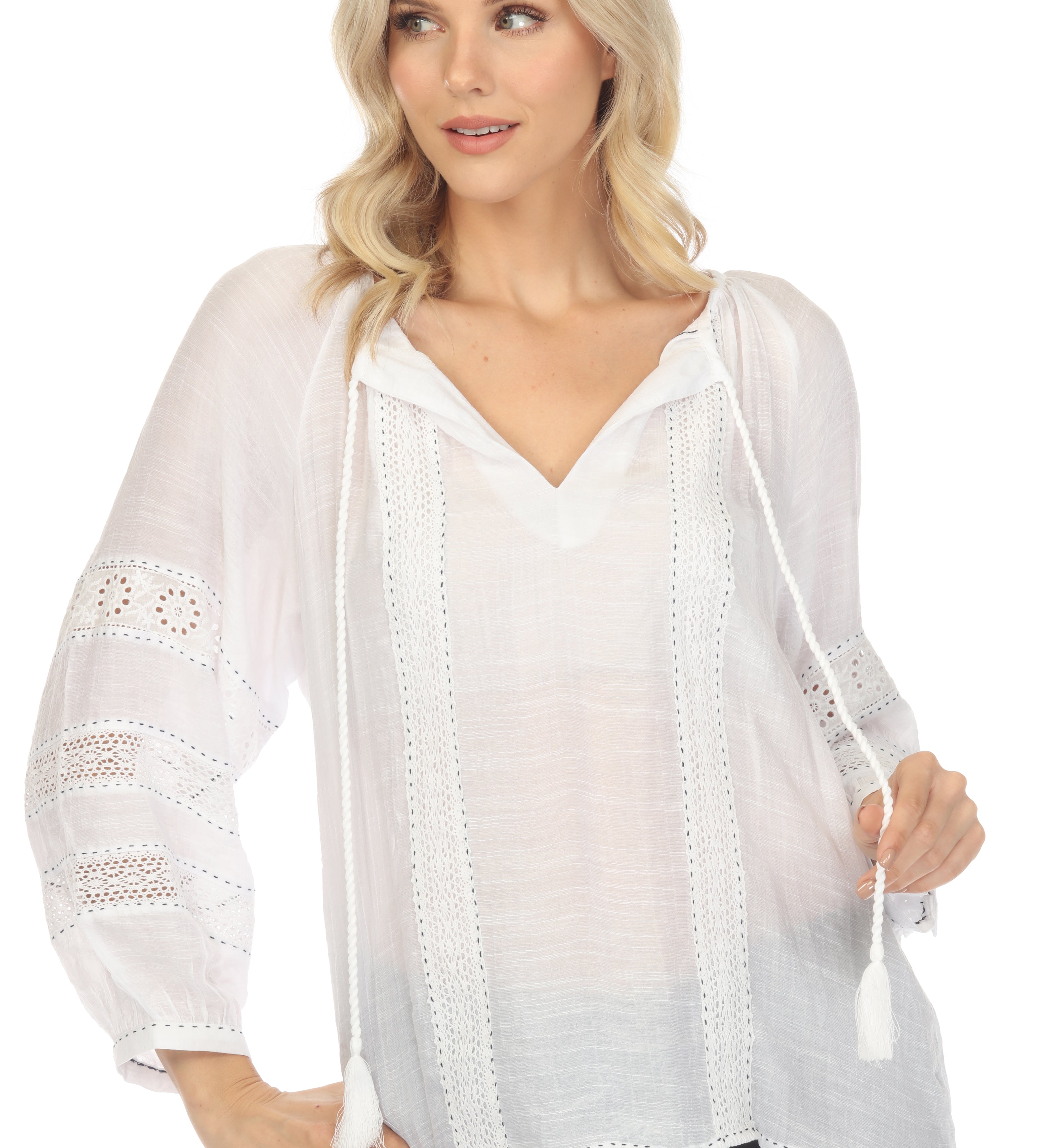 4 Sleeve Tunic Top with Tassel Drawstrings