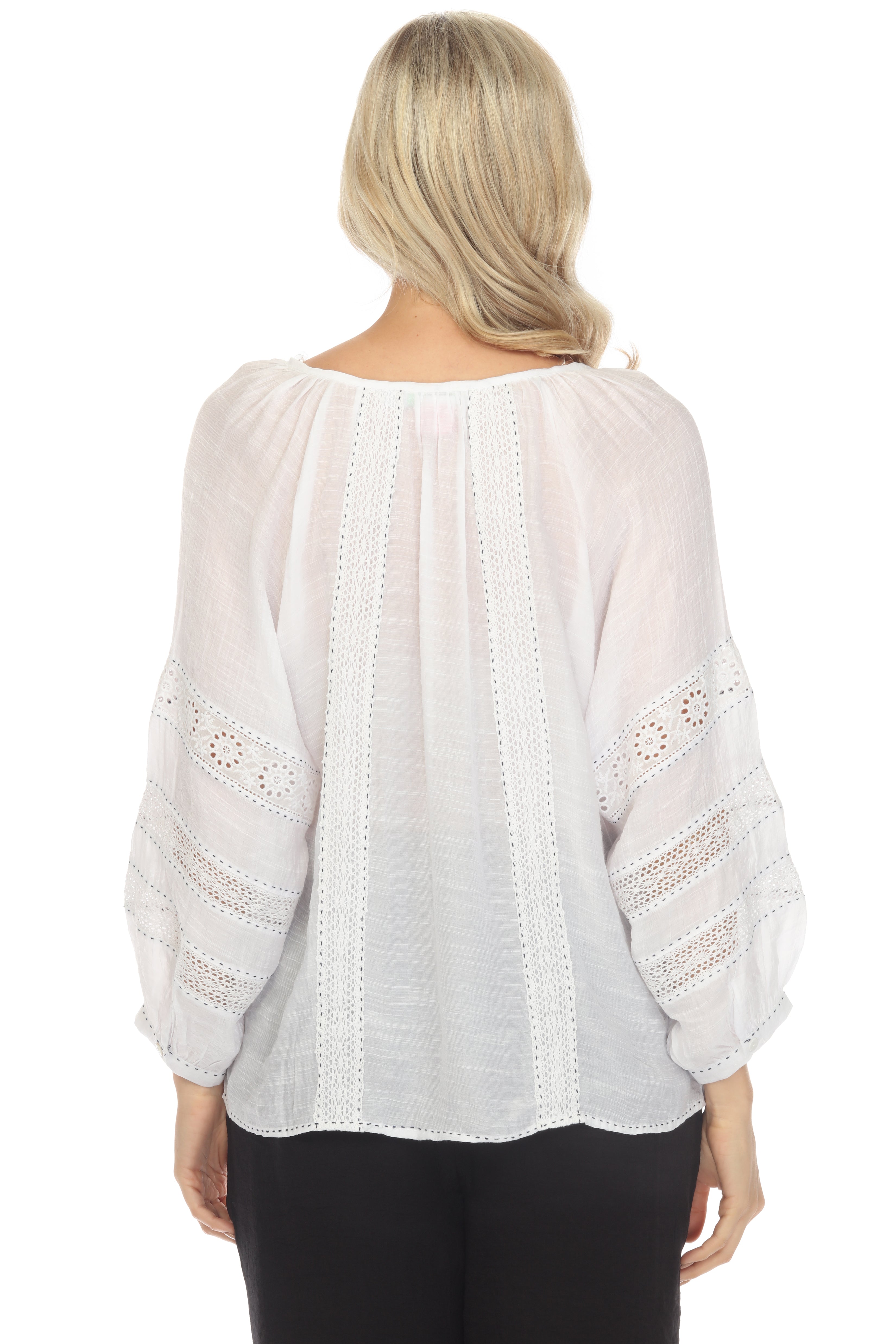 Women's Casual Resort Wear Scoop Neck Crochet Trim 3/4 Sleeve Tunic Top with Tassel Drawstrings