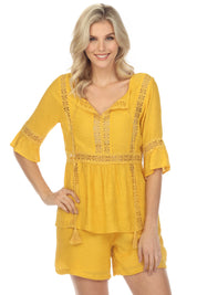 Women's Casual Resort Wear Scoop Neck Crochet Trim ¾ Ruffle Sleeve Tunic Top with Tassel Drawstring