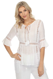 Women's Casual Resort Wear Scoop Neck Crochet Trim ¾ Ruffle Sleeve Tunic Top with Tassel Drawstring