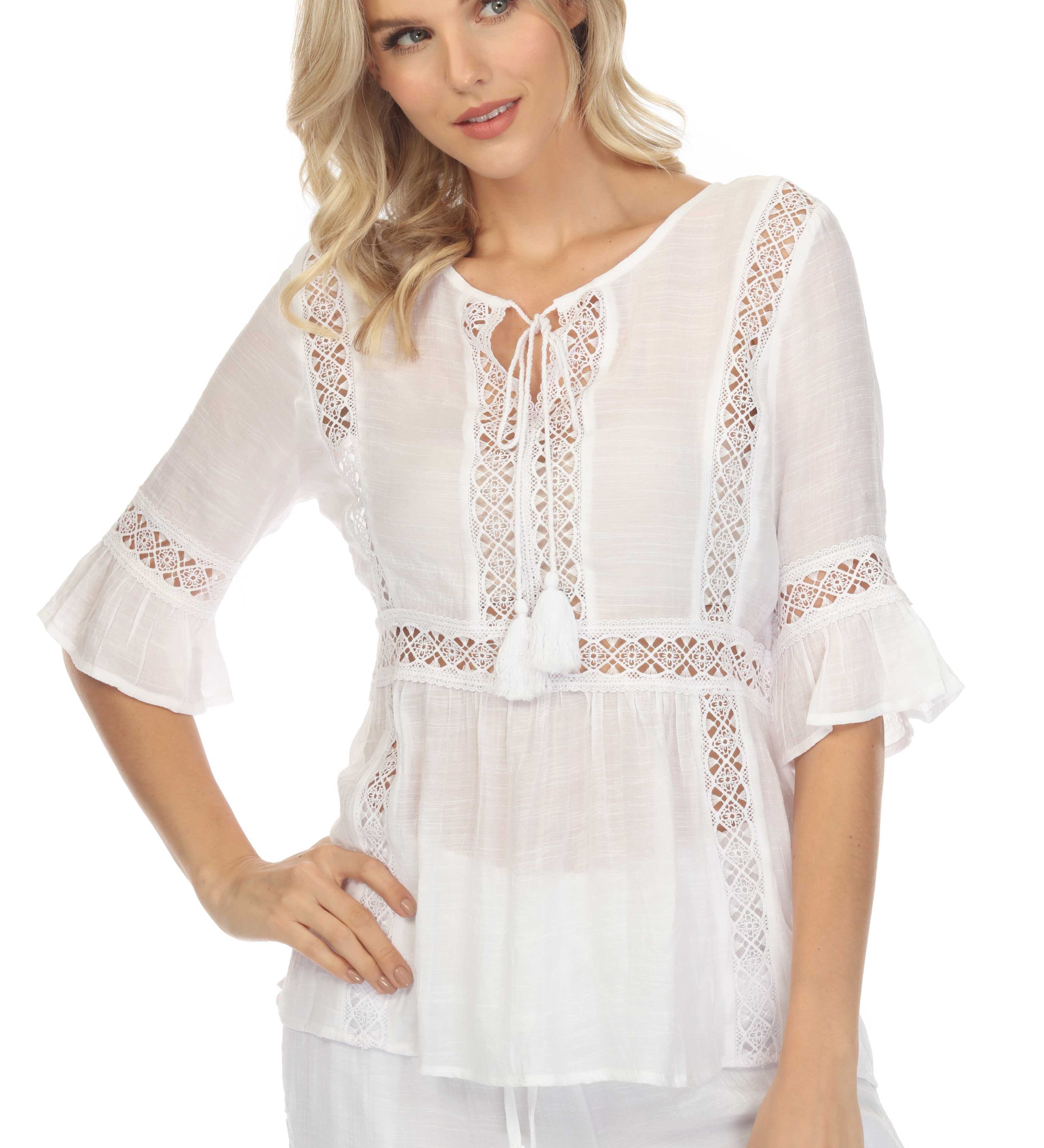 Women's Casual Resort Wear Scoop Neck Crochet Trim ¾ Ruffle Sleeve Tunic Top with Tassel Drawstring