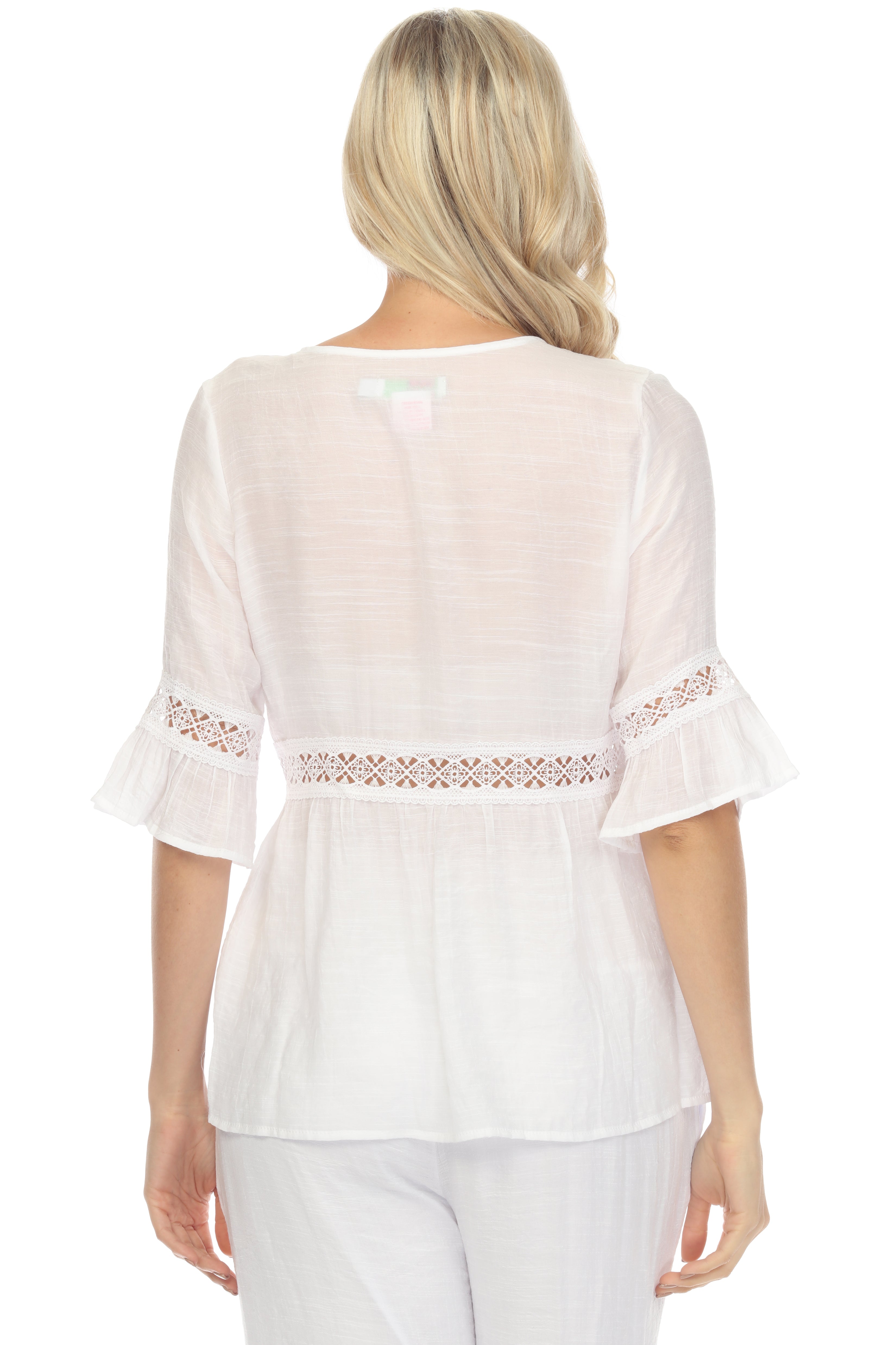 Women's Casual Resort Wear Scoop Neck Crochet Trim ¾ Ruffle Sleeve Tunic Top with Tassel Drawstring