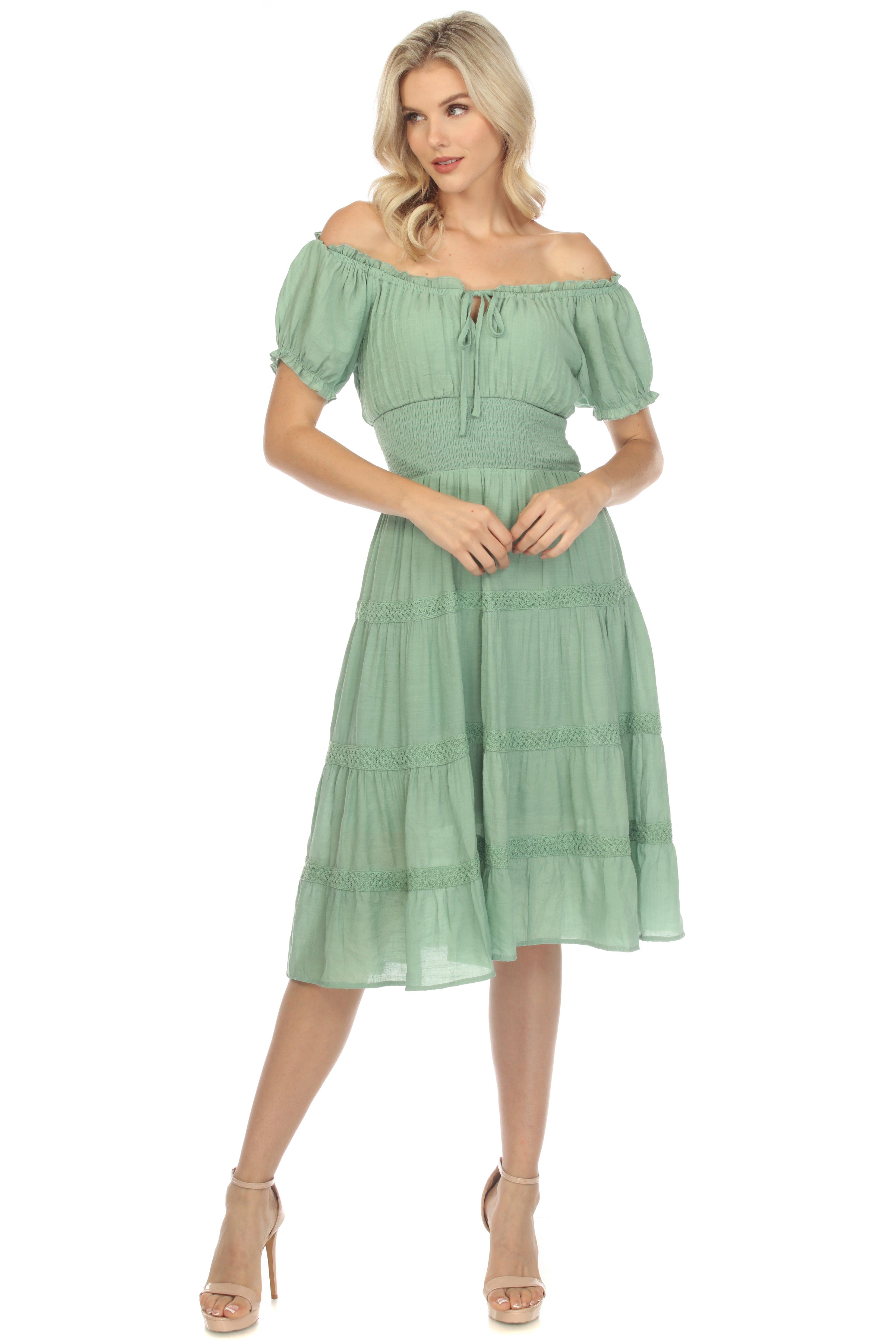 Women's Casual Resort Wear Dress Off-Shoulder Smocked Waist Knee Length with Drawstring