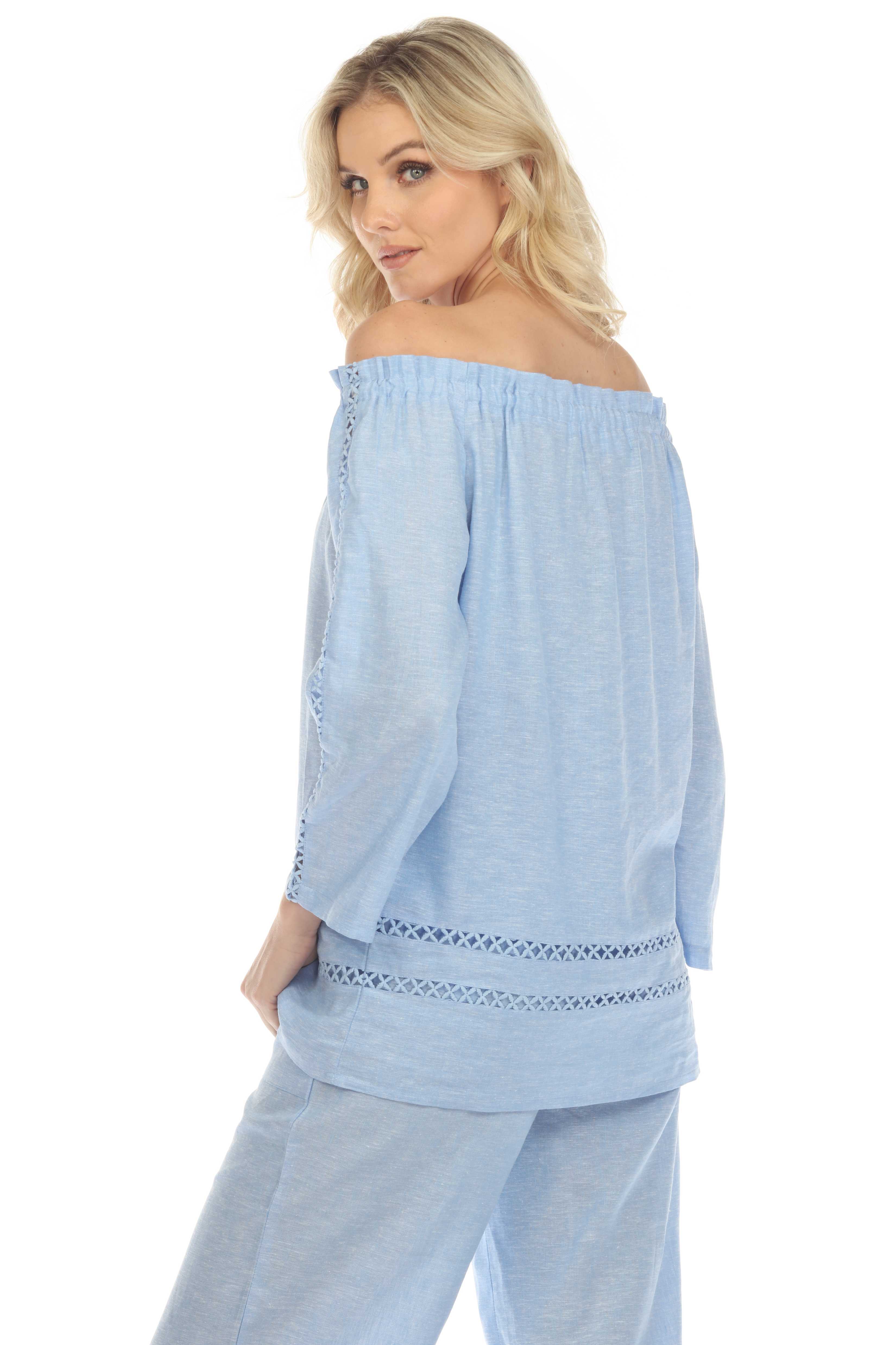 Women's Casual Resort Wear Off-Shoulder Cut Out Trim Long Sleeve Linen Blend Tunic Top