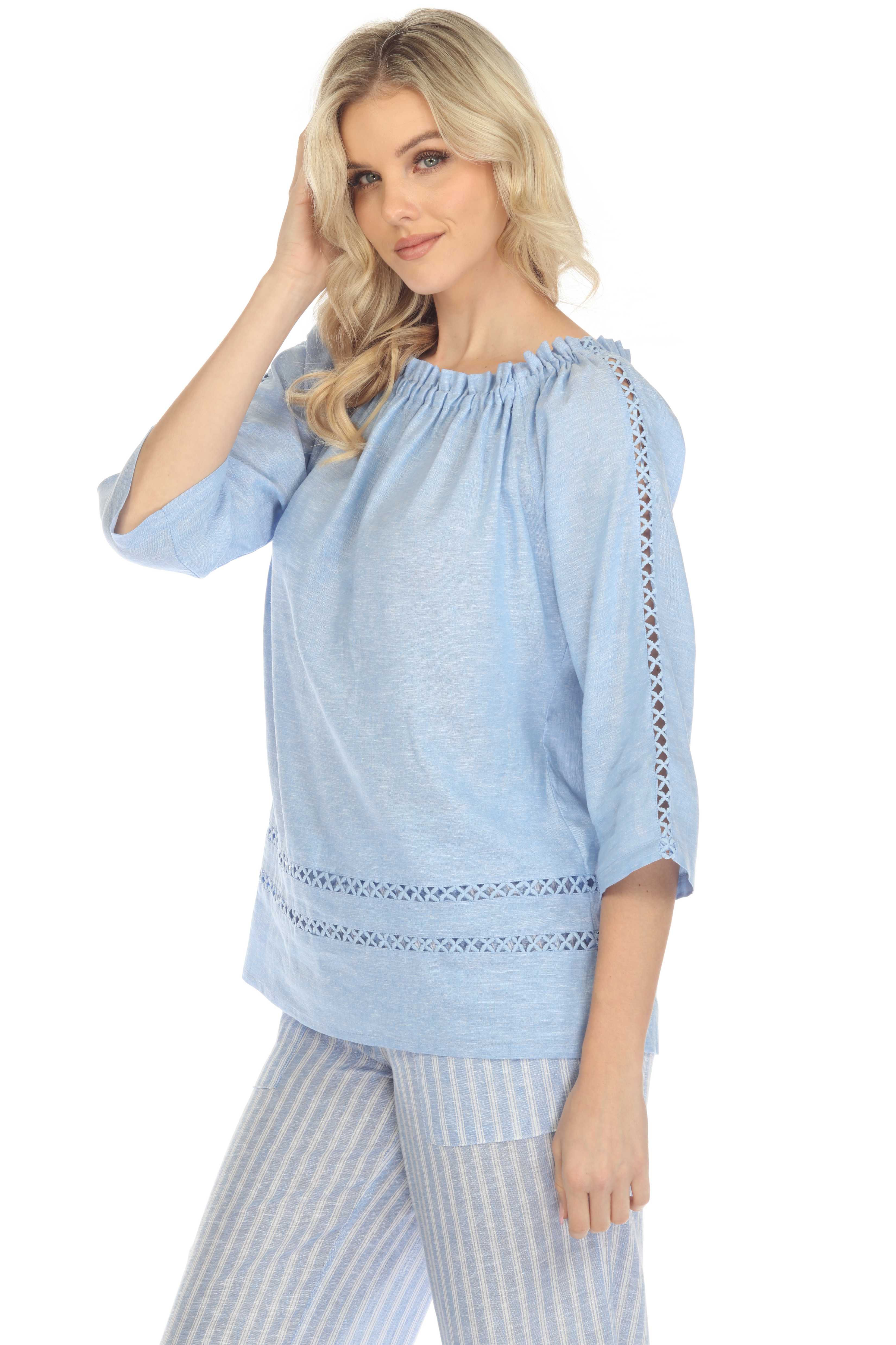 Women's Casual Resort Wear Off-Shoulder Cut Out Trim Long Sleeve Linen Blend Tunic Top