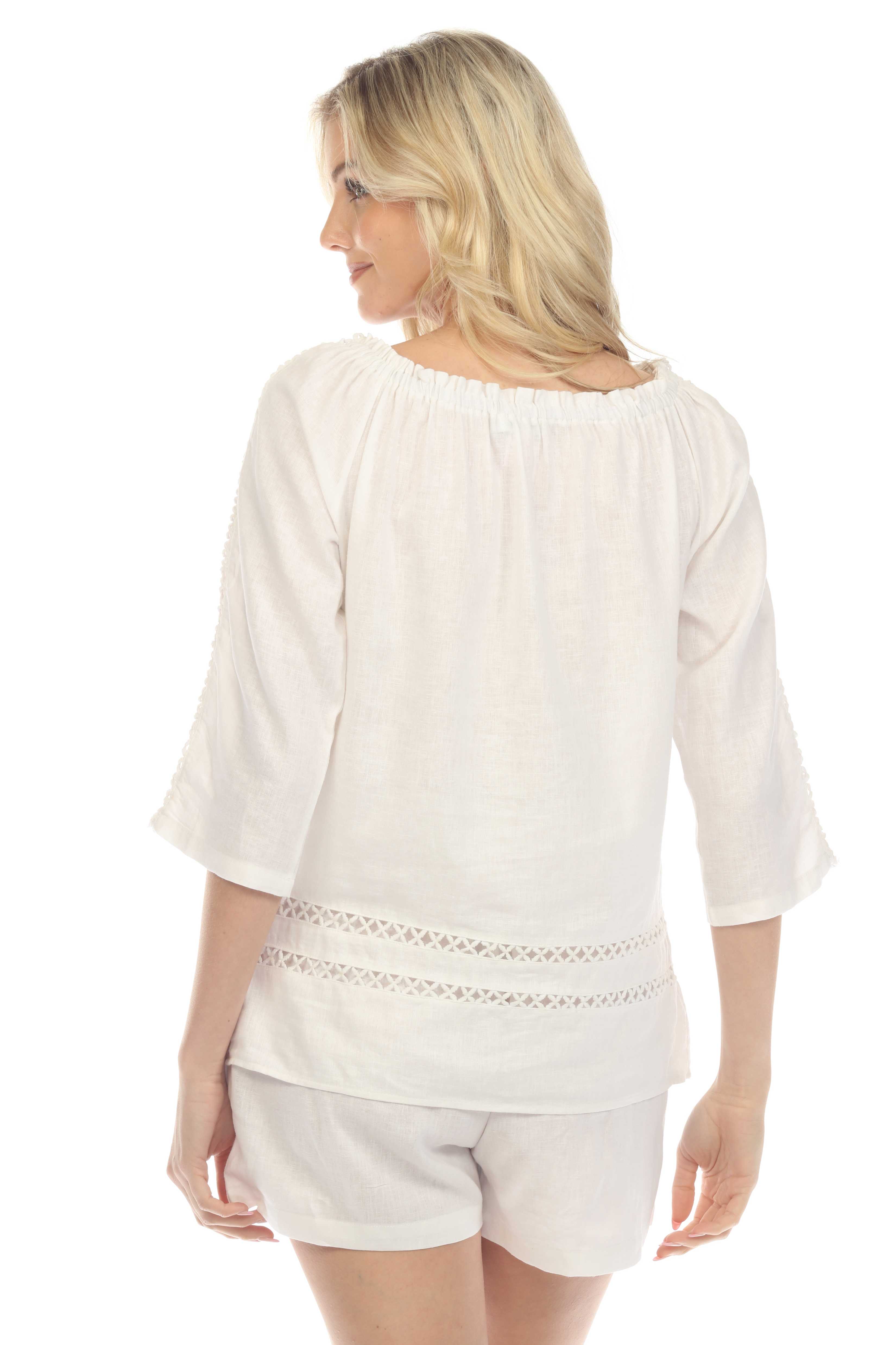 Women's Casual Resort Wear Off-Shoulder Cut Out Trim Long Sleeve Linen Blend Tunic Top