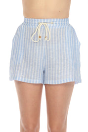 Women's Casual Beach Resort Wear Short Pinstripe Print with Drawstring Waist Linen Blend