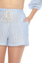 Women's Casual Beach Resort Wear Short Pinstripe Print with Drawstring Waist Linen Blend