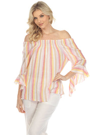 Women's Casual Resort Wear Off-Shoulder Stripe Linen Print 3/4 Flared Sleeve Blouse