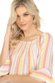 Women's Casual Resort Wear Off-Shoulder Stripe Linen Print 3/4 Flared Sleeve Blouse