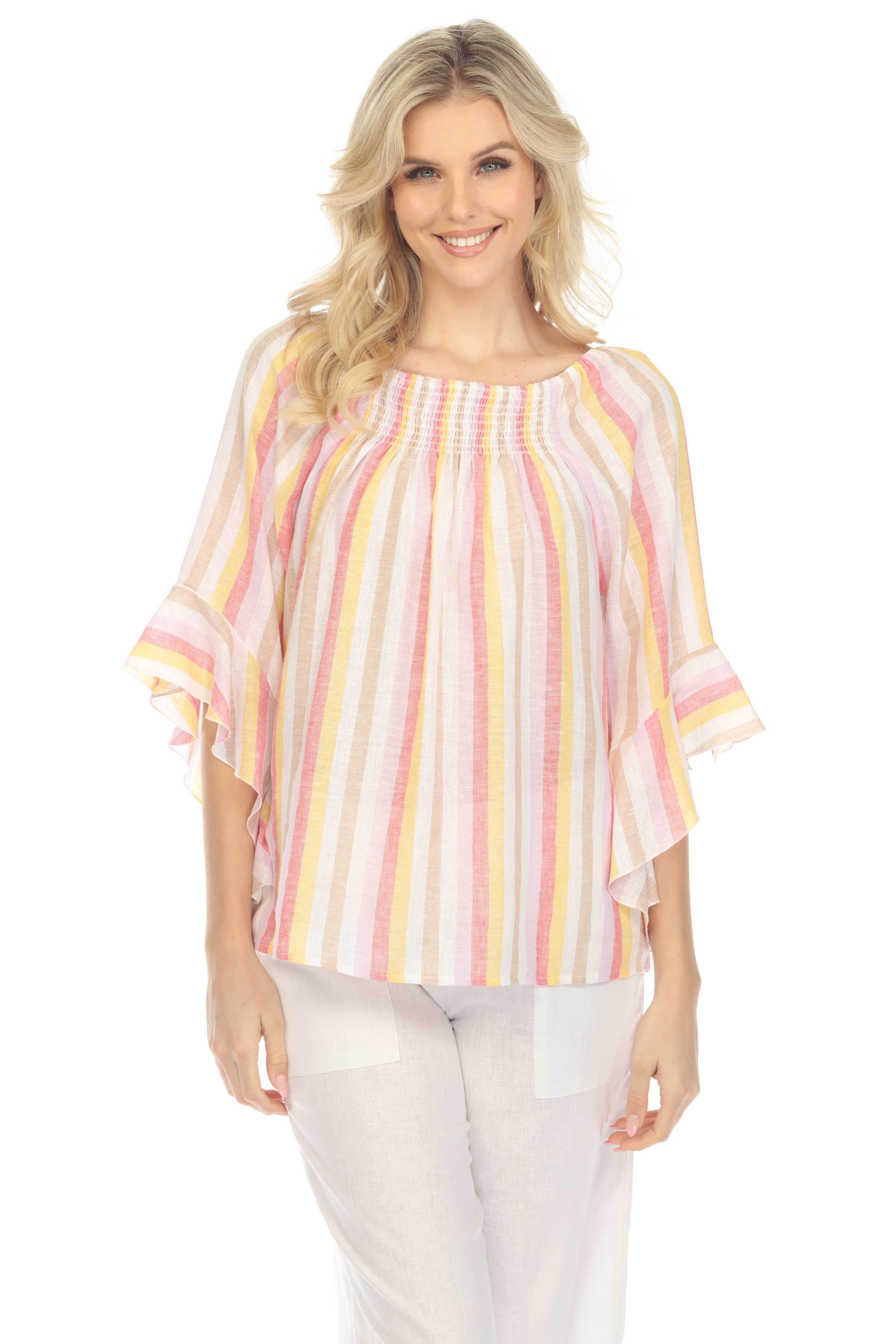 Women's Casual Resort Wear Off-Shoulder Stripe Linen Print 3/4 Flared Sleeve Blouse