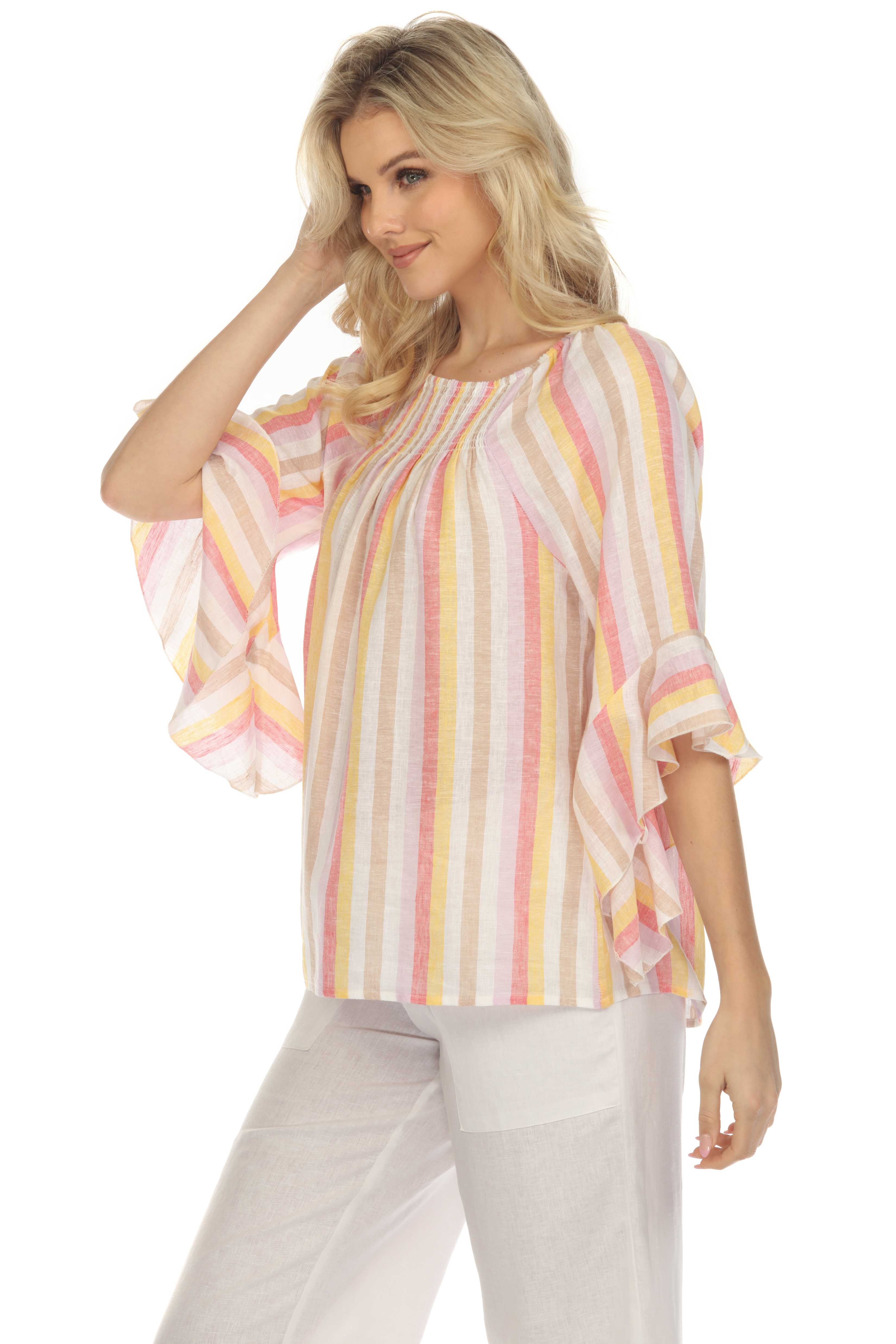 Women's Casual Resort Wear Off-Shoulder Stripe Linen Print 3/4 Flared Sleeve Blouse