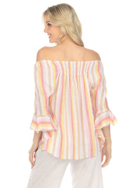 Women's Casual Resort Wear Off-Shoulder Stripe Linen Print 3/4 Flared Sleeve Blouse