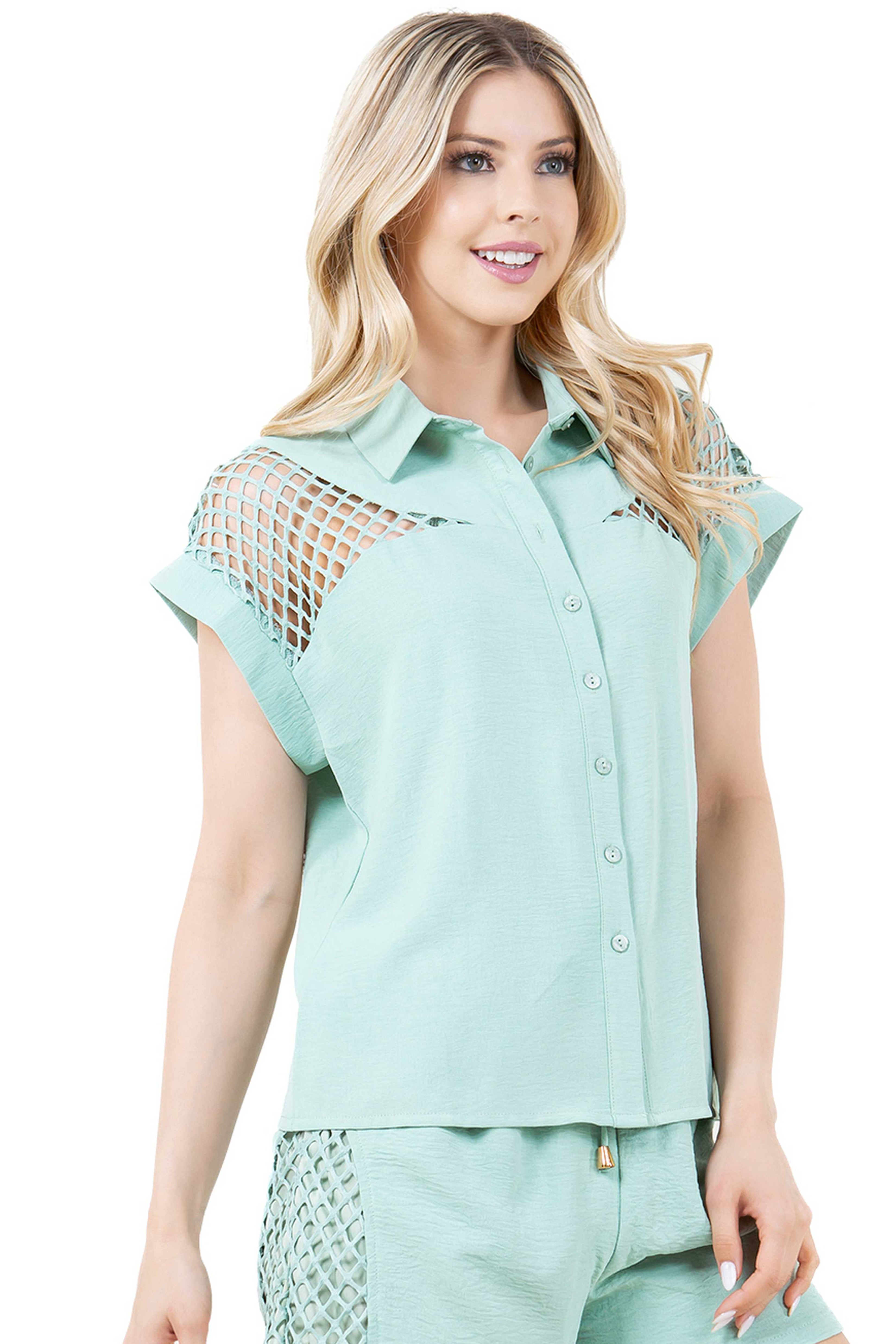 Women's Casual Resort Wear Cut Out Design Button Down Short Sleeve Top