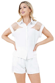 Women's Casual Resort Wear Cut Out Design Button Down Short Sleeve Top