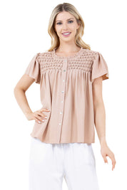 Women's Casual Resort Wear Ruched Design Flutter Sleeve Scoop Neck Button Down Blouse