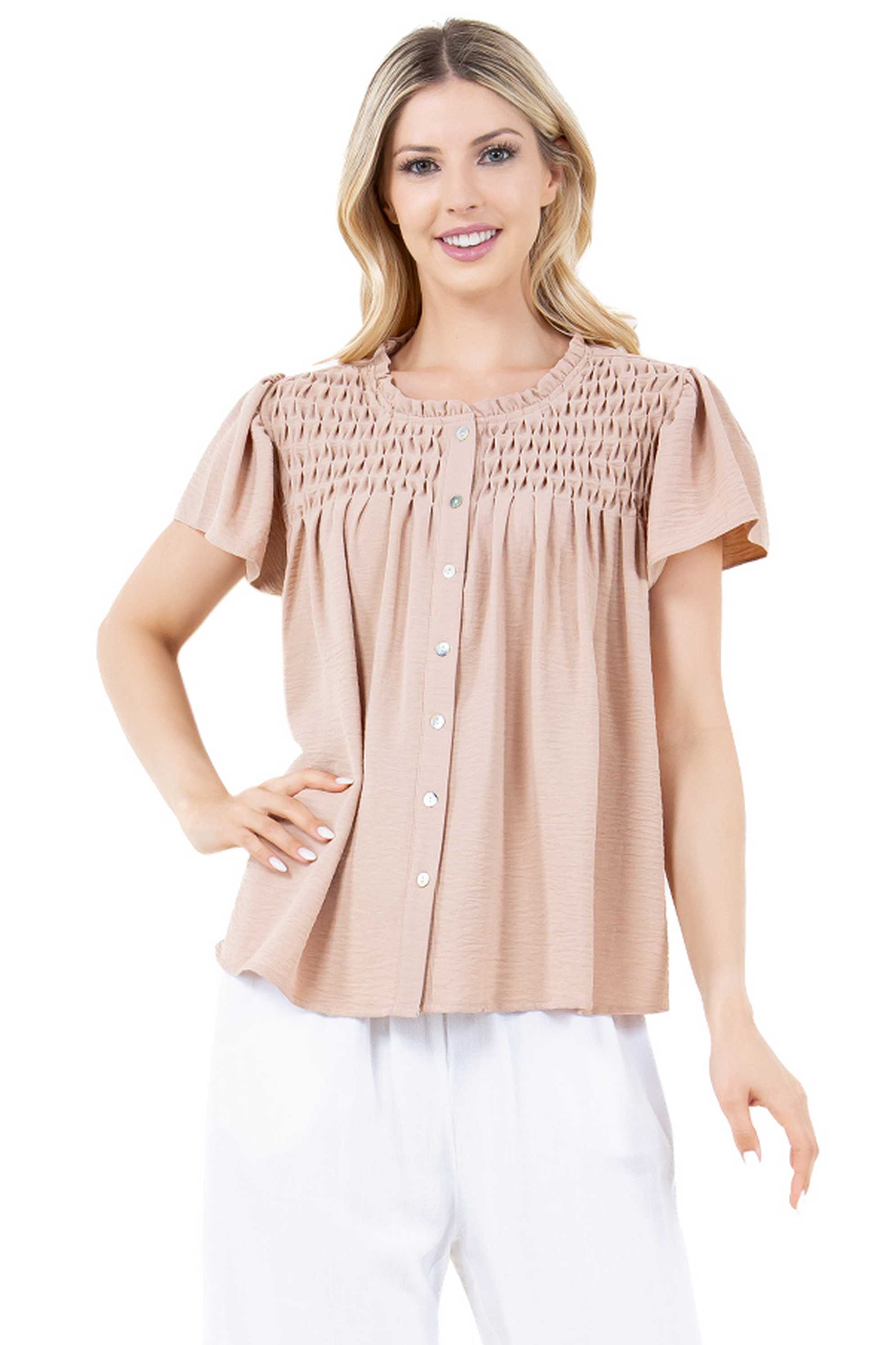 Women's Casual Resort Wear Ruched Design Flutter Sleeve Scoop Neck Button Down Blouse