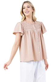 Women's Casual Resort Wear Ruched Design Flutter Sleeve Scoop Neck Button Down Blouse