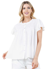 Women's Casual Resort Wear Ruched Design Flutter Sleeve Scoop Neck Button Down Blouse