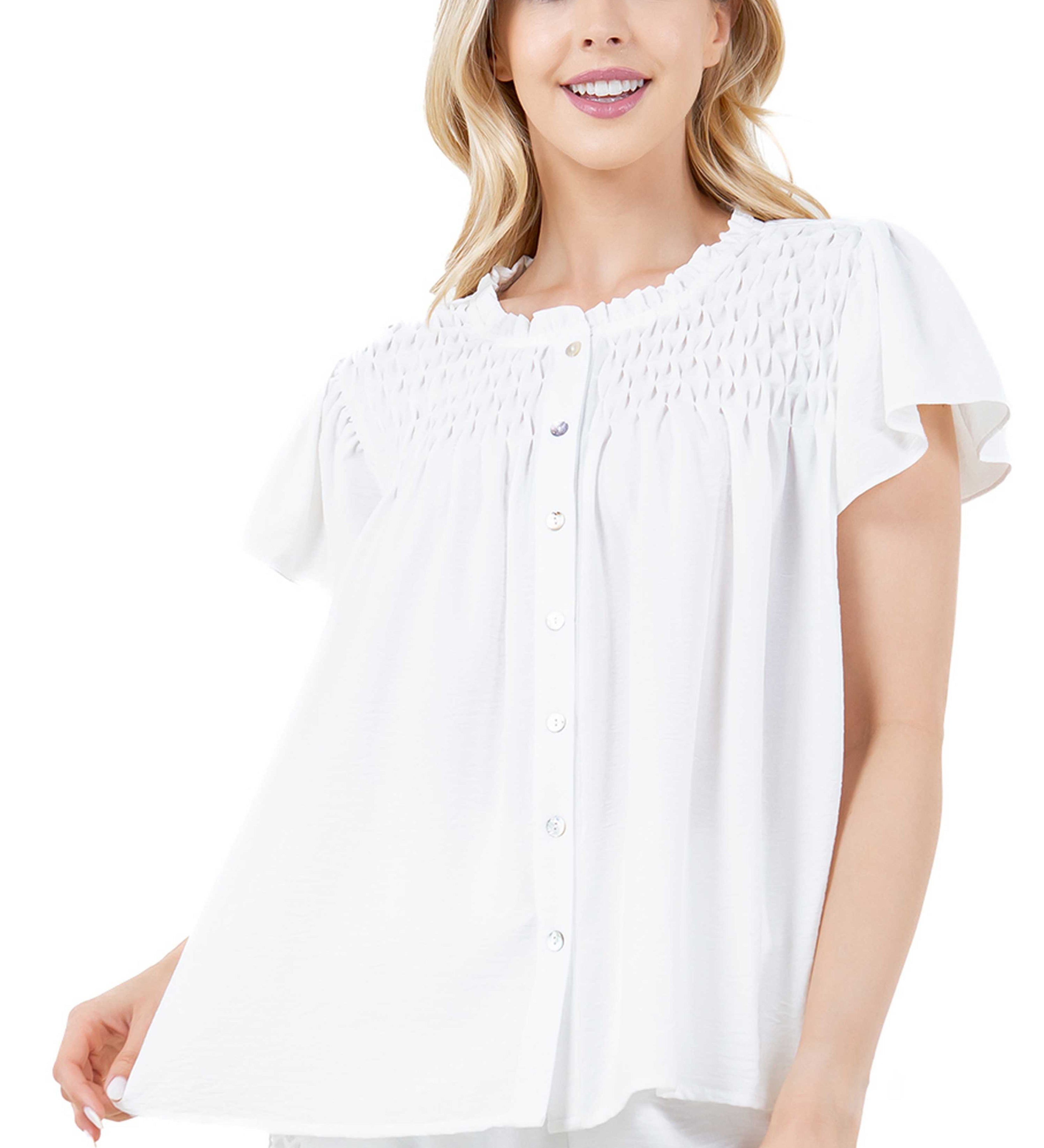 Women's Casual Resort Wear Ruched Design Flutter Sleeve Scoop Neck Button Down Blouse