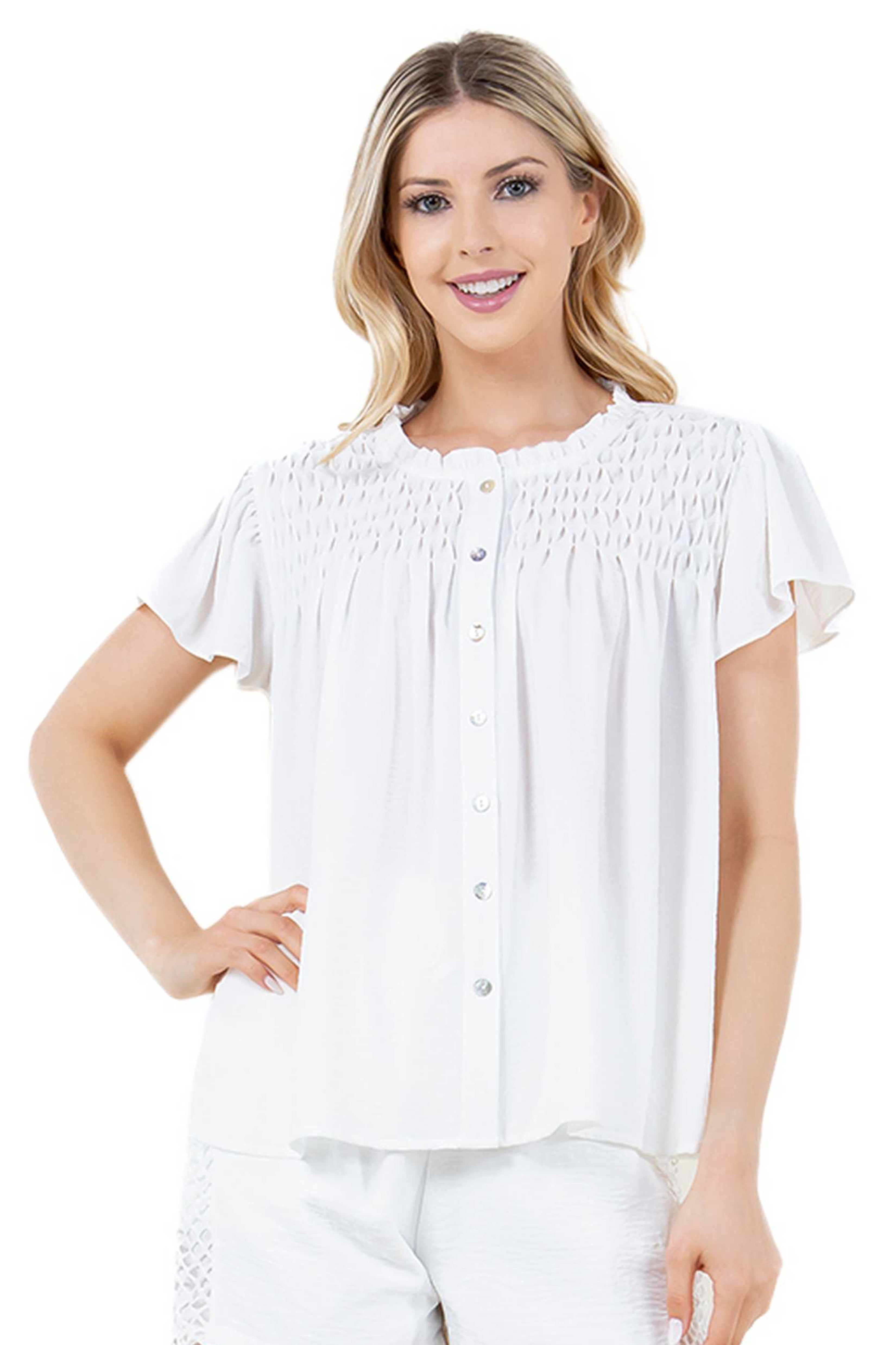 Women's Casual Resort Wear Ruched Design Flutter Sleeve Scoop Neck Button Down Blouse