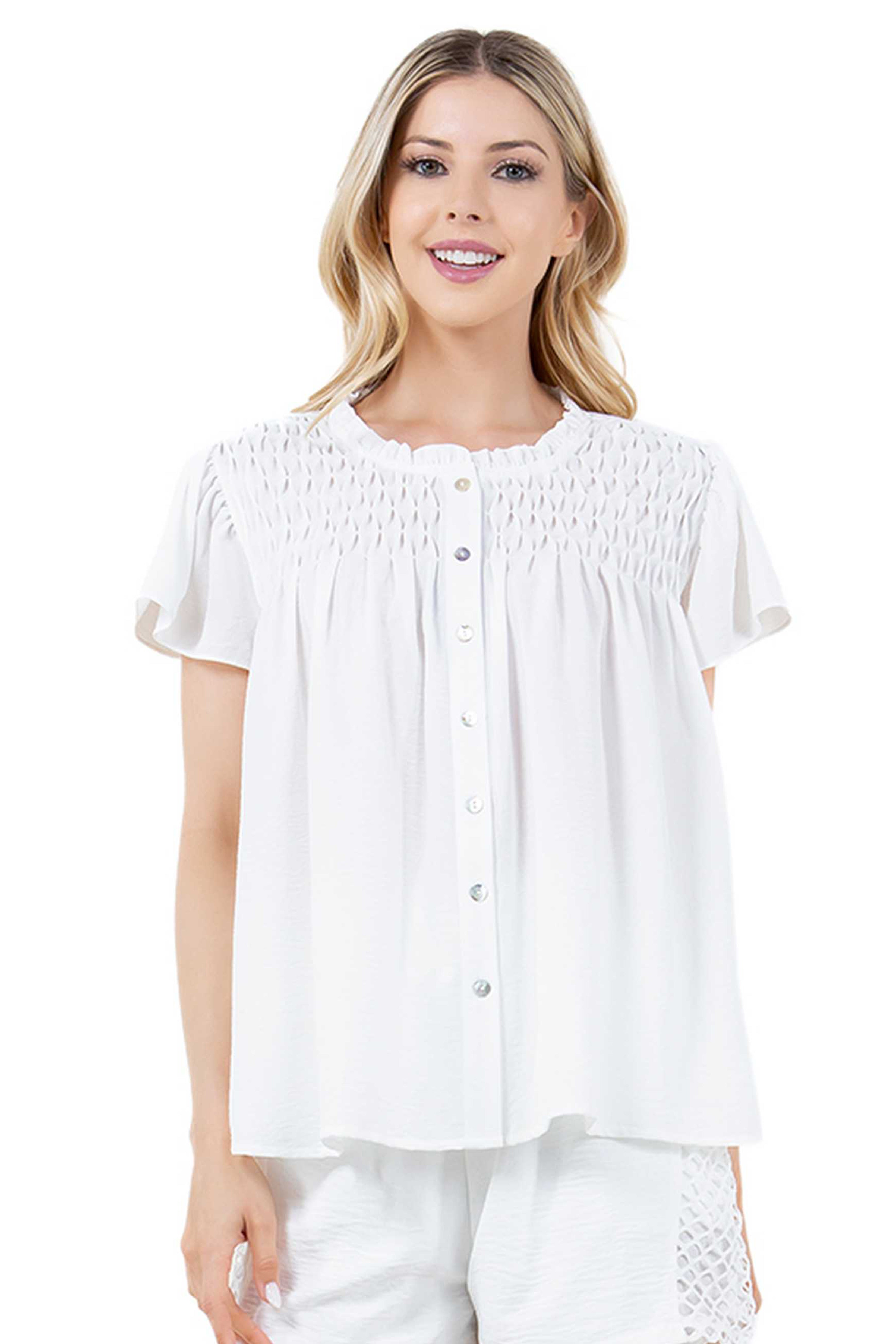 Women's Casual Resort Wear Ruched Design Flutter Sleeve Scoop Neck Button Down Blouse