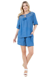 Women's Casual Resort Wear Scoop Neck Embroidered Trim 3/4 Sleeve Tunic Top with Tassel Drawstrings