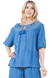 Women's Casual Resort Wear Scoop Neck Embroidered Trim 3/4 Sleeve Tunic Top with Tassel Drawstrings