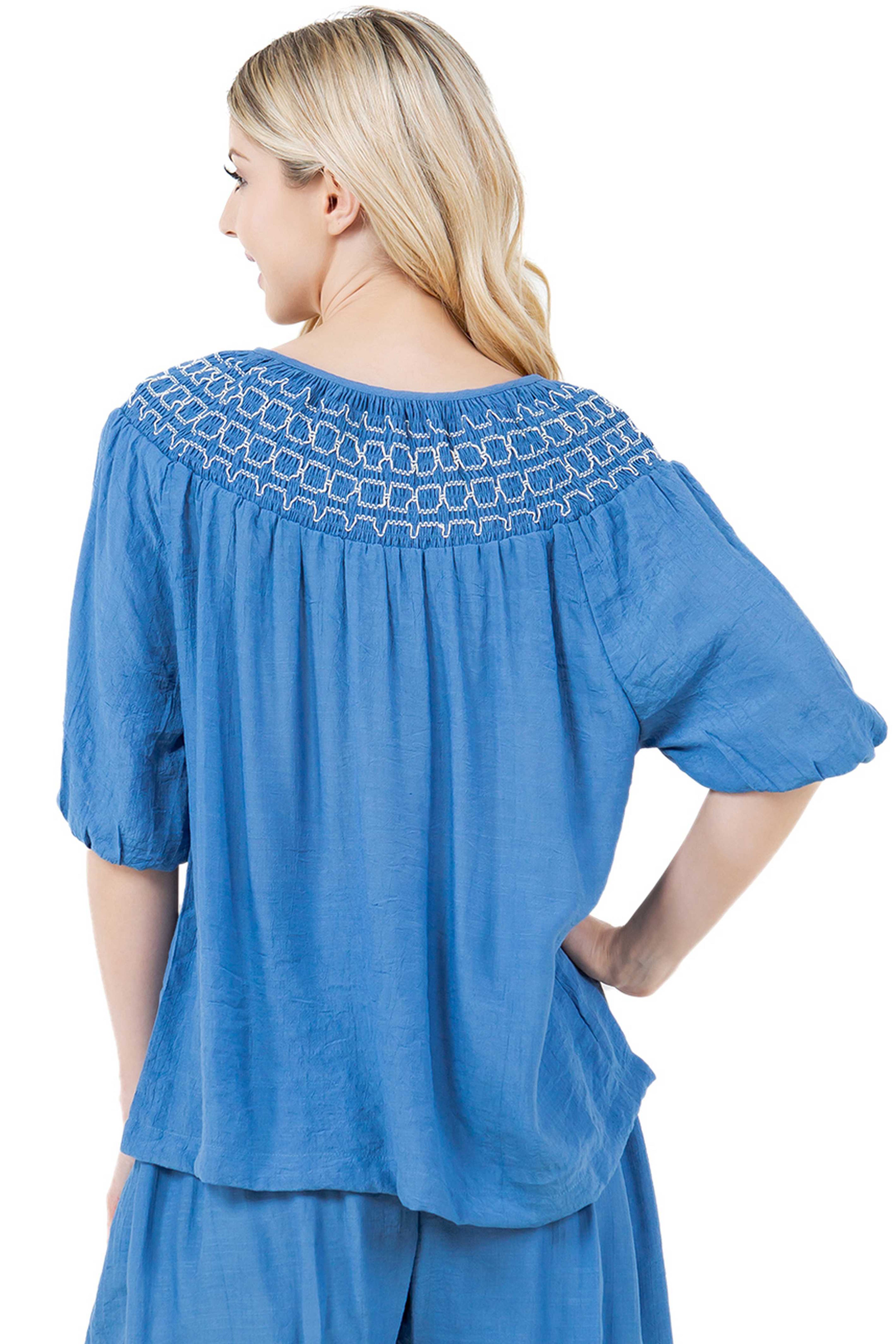 Women's Casual Resort Wear Scoop Neck Embroidered Trim 3/4 Sleeve Tunic Top with Tassel Drawstrings