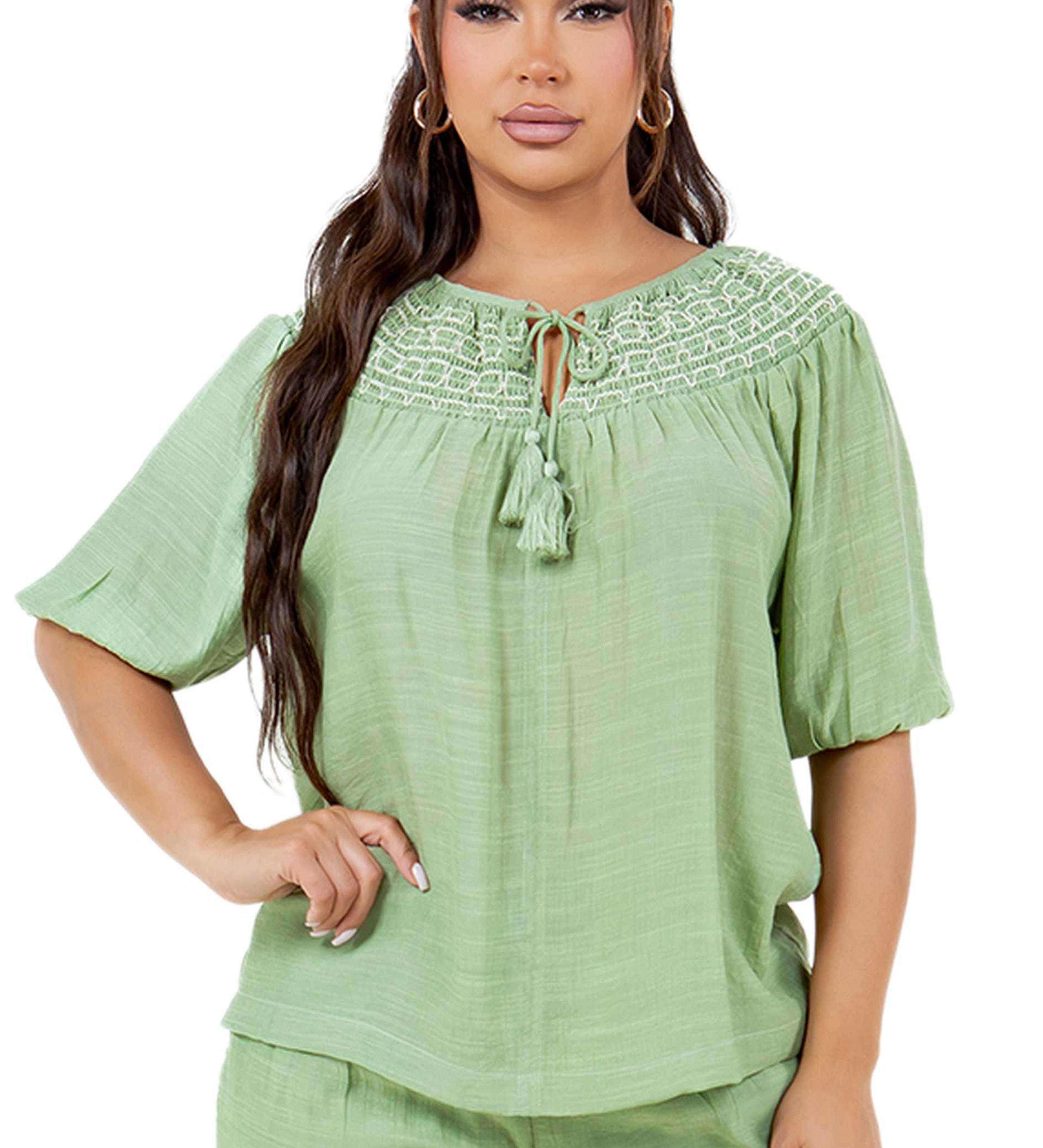 4 Sleeve Tunic Top with Tassel Drawstrings