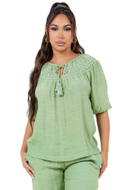 Women's Casual Resort Wear Scoop Neck Embroidered Trim 3/4 Sleeve Tunic Top with Tassel Drawstrings