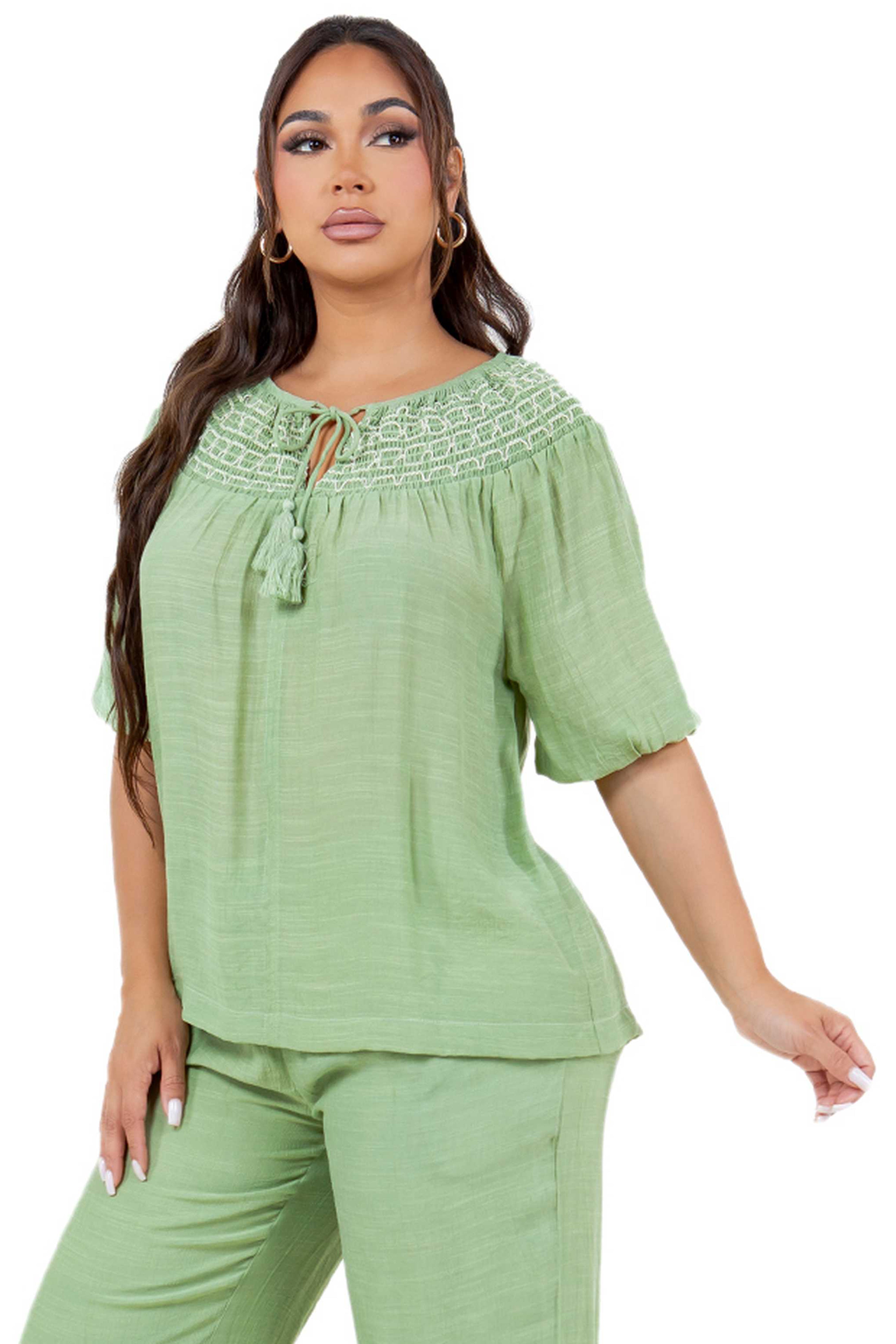 Women's Casual Resort Wear Scoop Neck Embroidered Trim 3/4 Sleeve Tunic Top with Tassel Drawstrings