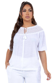 Women's Casual Resort Wear Scoop Neck Embroidered Trim 3/4 Sleeve Tunic Top with Tassel Drawstrings