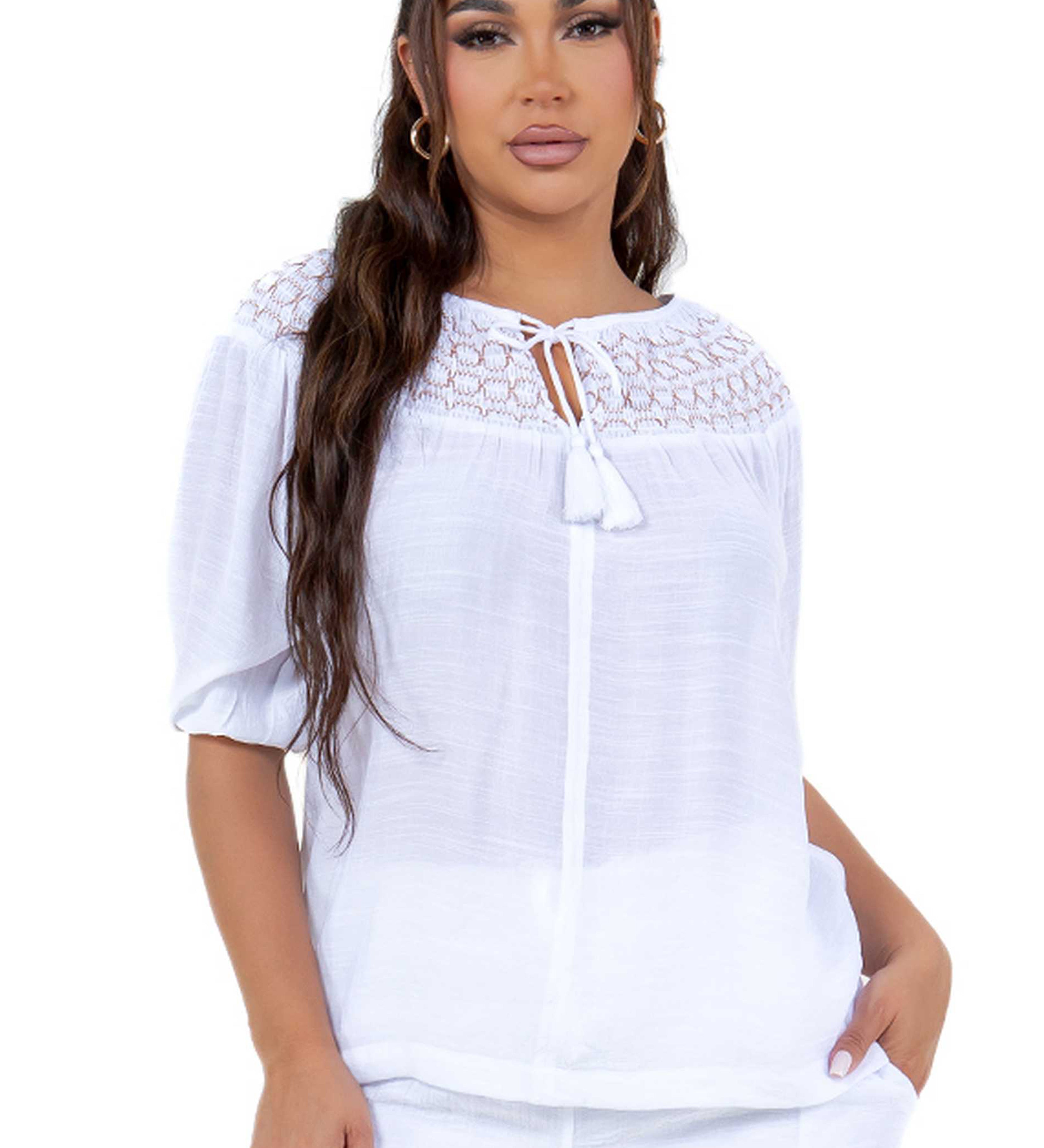 4 Sleeve Tunic Top with Tassel Drawstrings