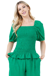 Women's Casual Resort Wear Smocked Puffed Sleeve Ruffled Hem Top