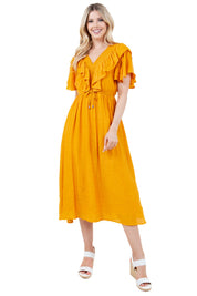 Women's Casual Resort Wear V Shaped Neckline Smocked Ruffled Empire Dress Mid Length with Drawstring Waist