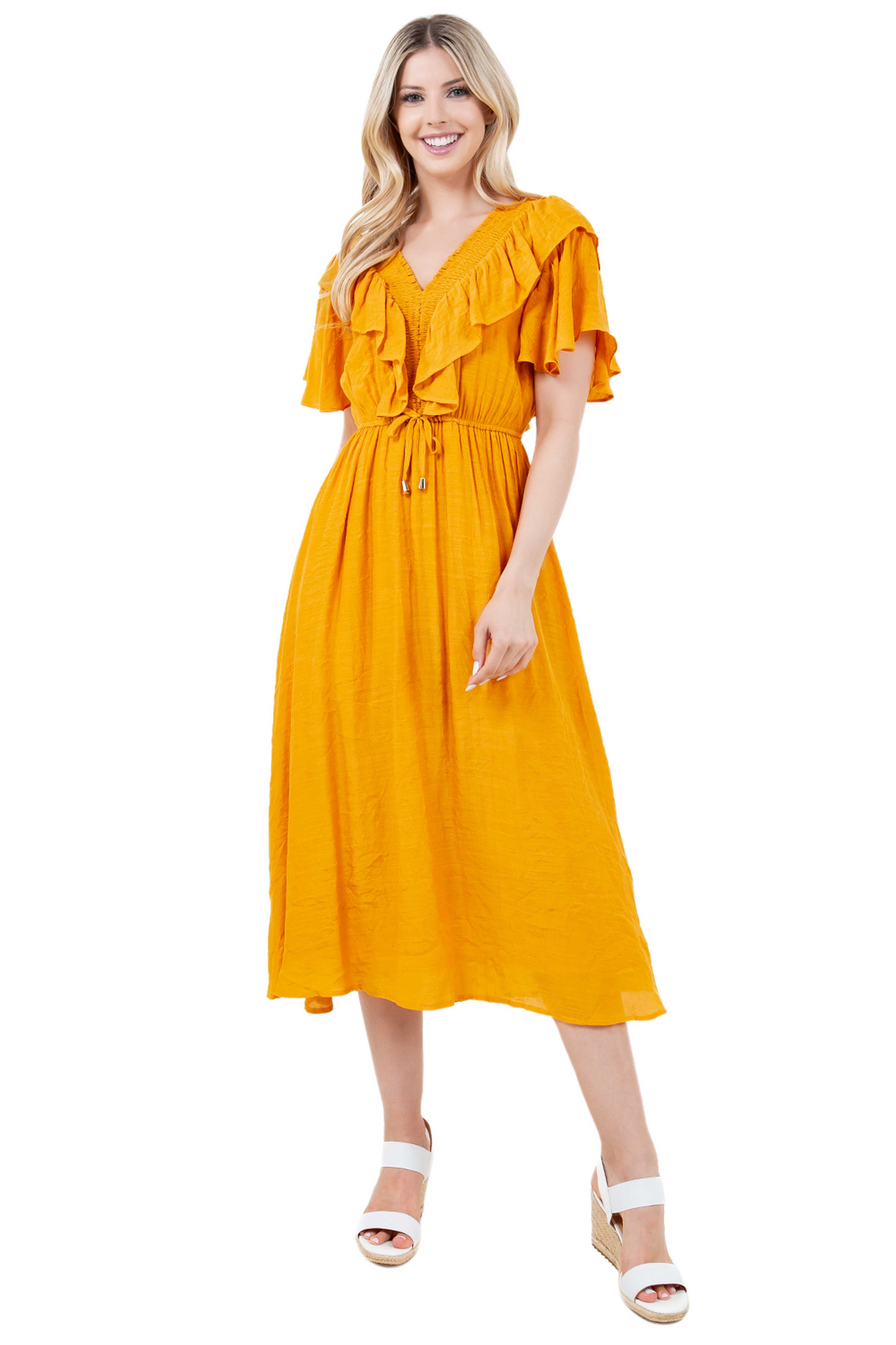 Women's Casual Resort Wear V Shaped Neckline Smocked Ruffled Empire Dress Mid Length with Drawstring Waist