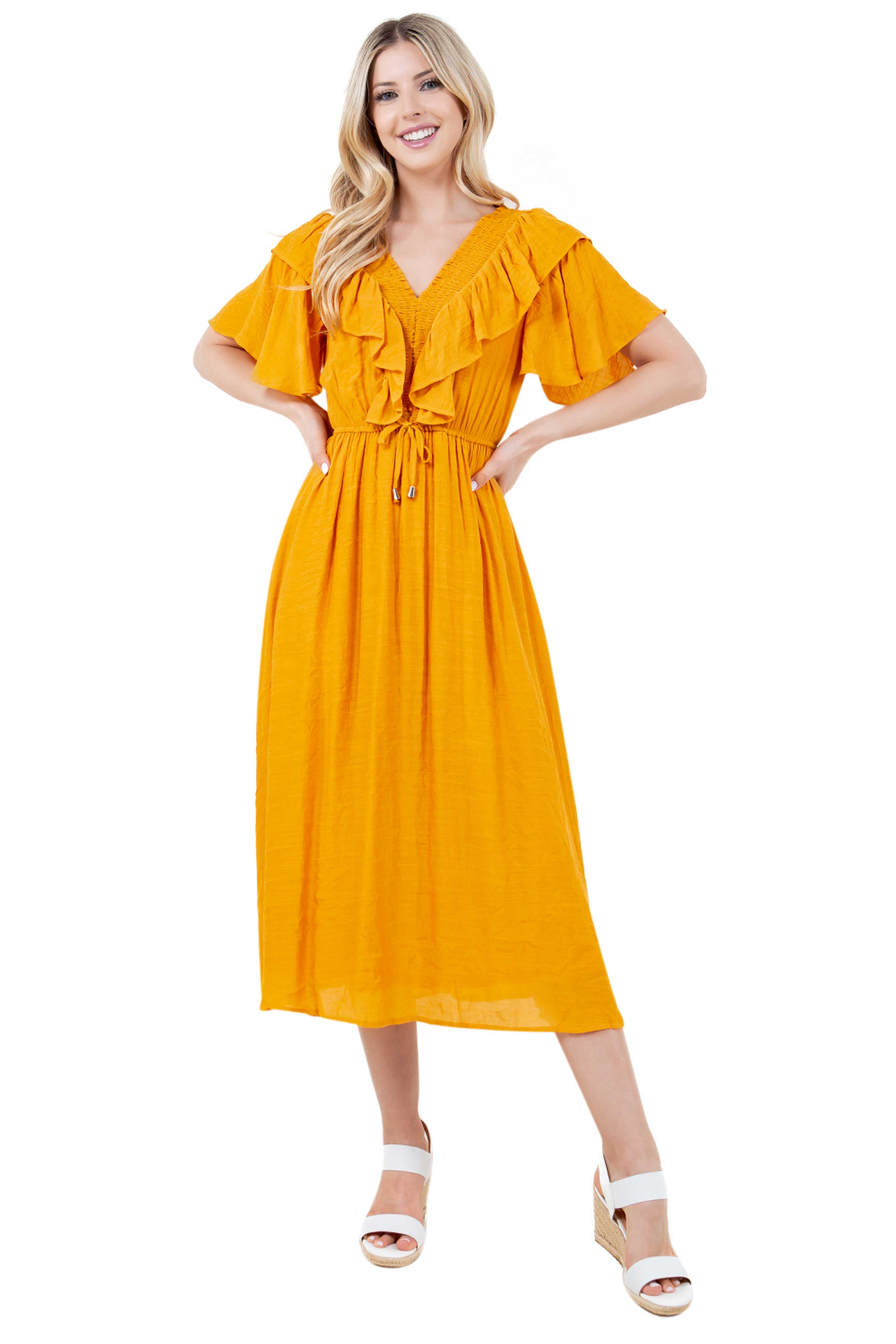 Women's Casual Resort Wear V Shaped Neckline Smocked Ruffled Empire Dress Mid Length with Drawstring Waist