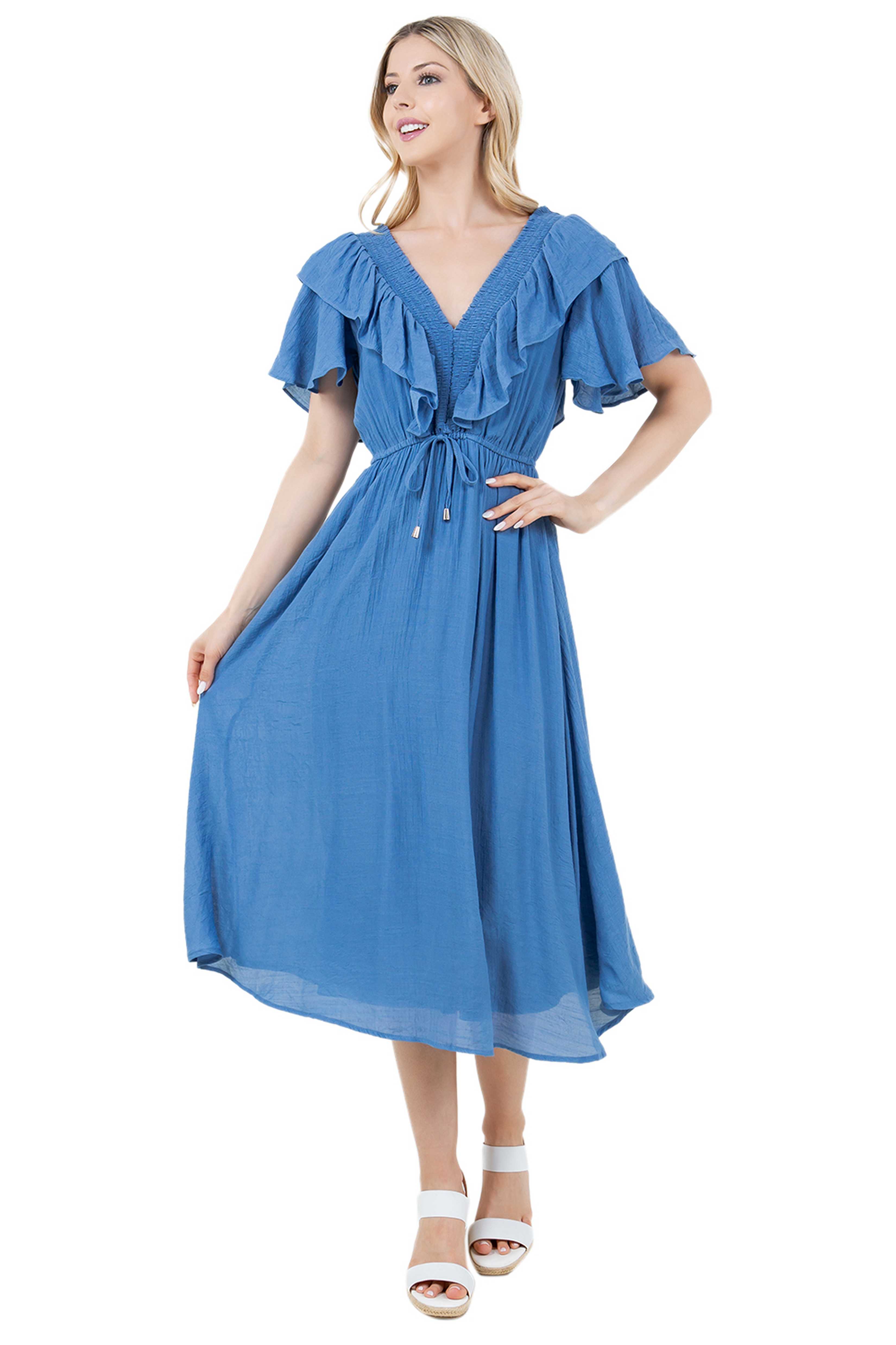 Women's Casual Resort Wear V Shaped Neckline Smocked Ruffled Empire Dress Mid Length with Drawstring Waist