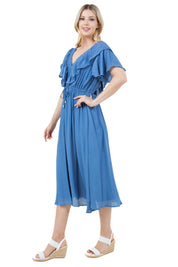 Women's Casual Resort Wear V Shaped Neckline Smocked Ruffled Empire Dress Mid Length with Drawstring Waist