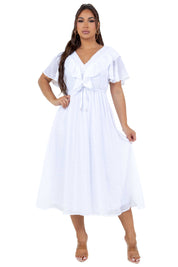 Women's Casual Resort Wear V Shaped Neckline Smocked Ruffled Empire Dress Mid Length with Drawstring Waist