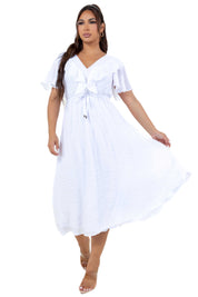 Women's Casual Resort Wear V Shaped Neckline Smocked Ruffled Empire Dress Mid Length with Drawstring Waist