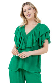 Women's Casual Resort Wear V Shaped Neckline Ruffled Top