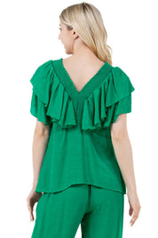 Women's Casual Resort Wear V Shaped Neckline Ruffled Top