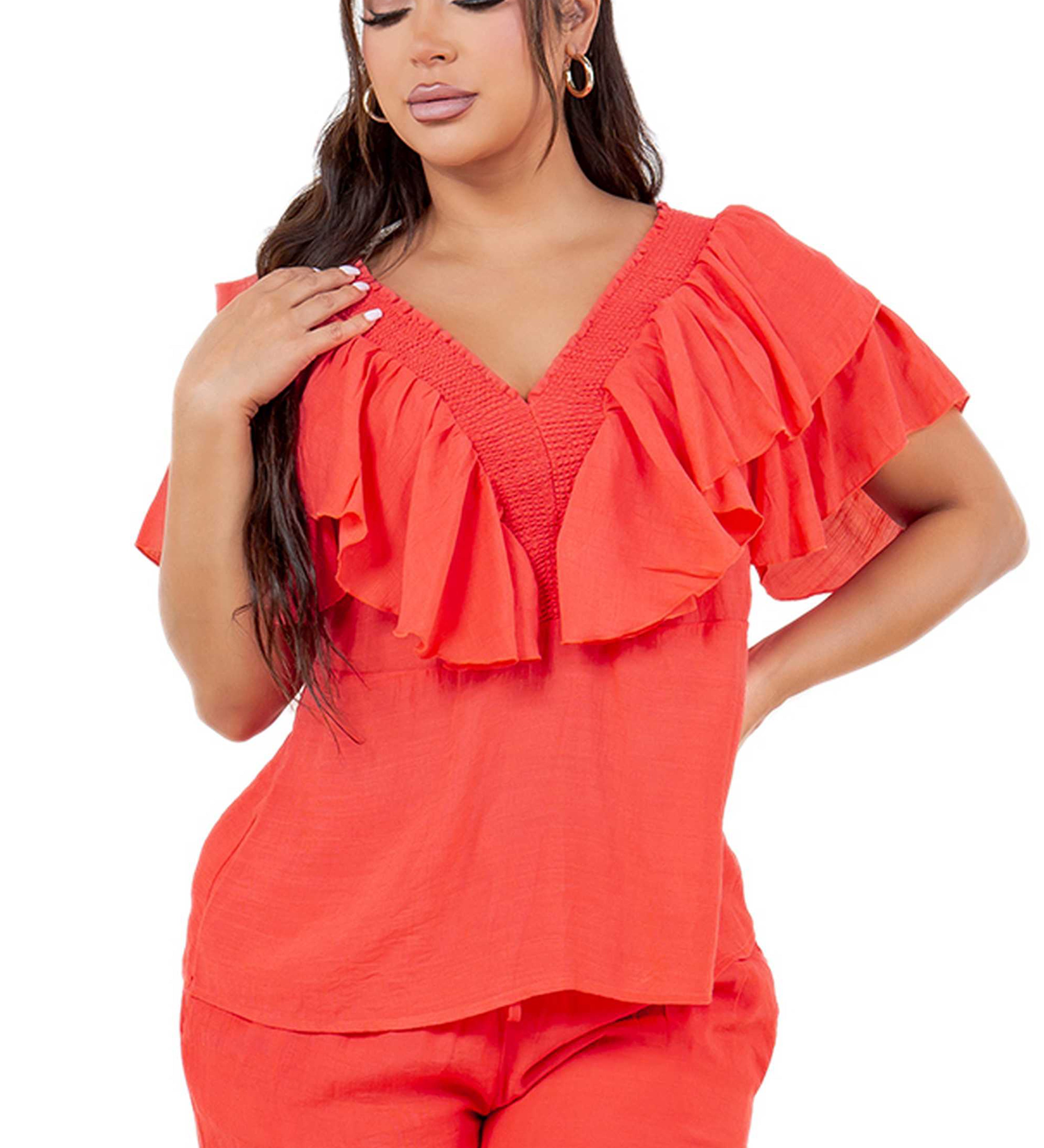 Women's Casual Resort Wear V Shaped Neckline Ruffled Top