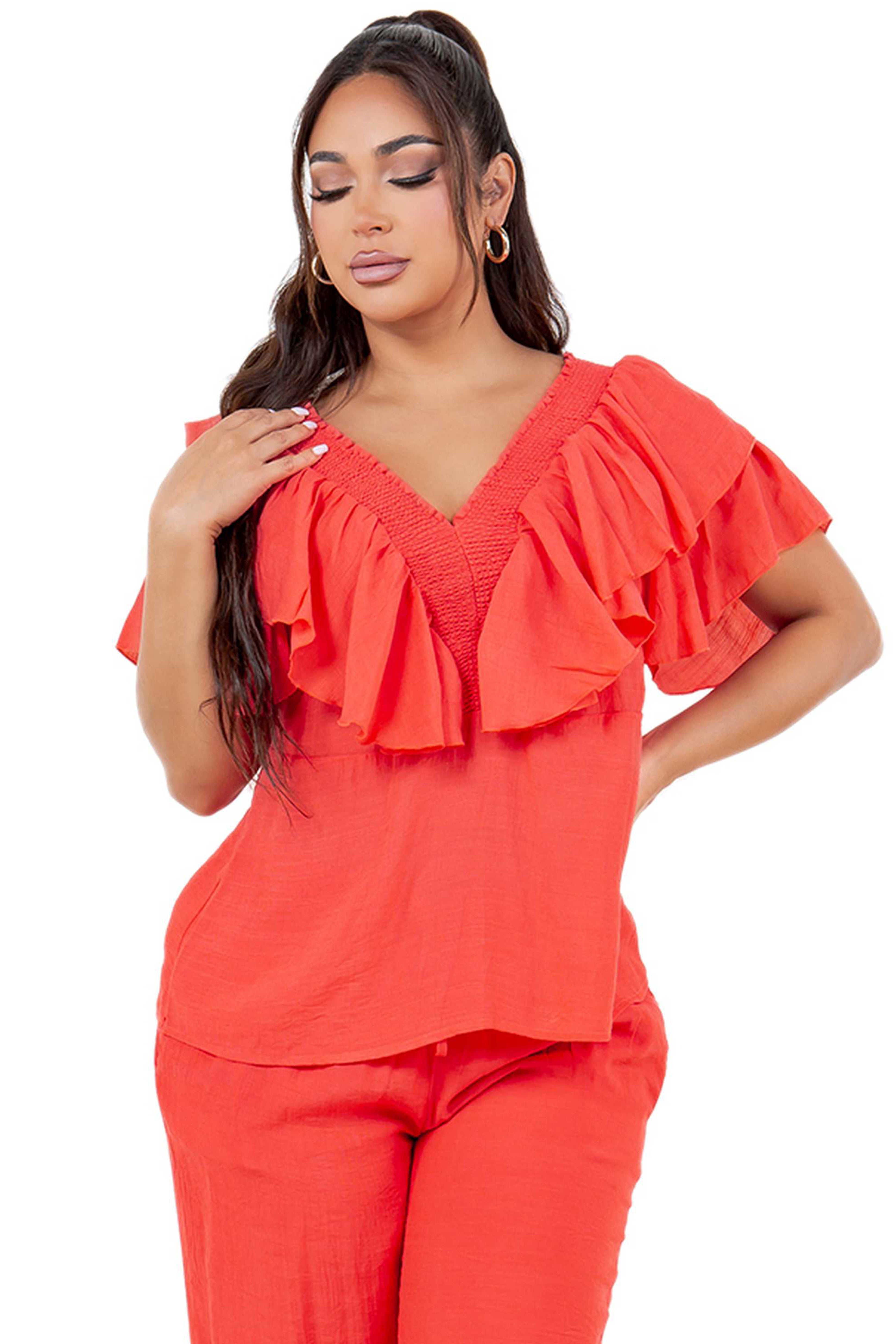 Women's Casual Resort Wear V Shaped Neckline Ruffled Top