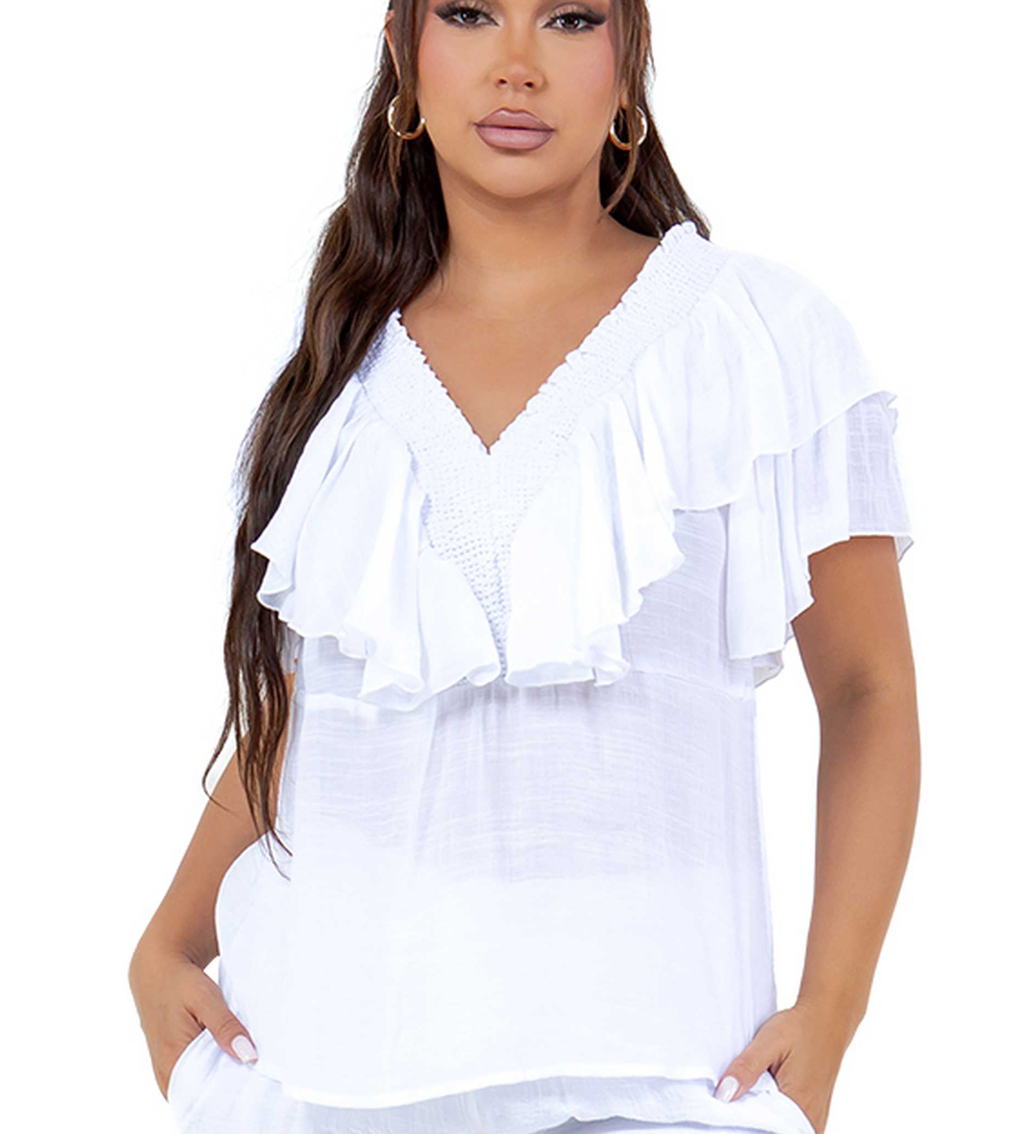 Women's Casual Resort Wear V Shaped Neckline Ruffled Top