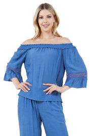 Women's Casual Off-Shoulder Crochet Trimmed Ruffled 3/4 Sleeve Tunic Top